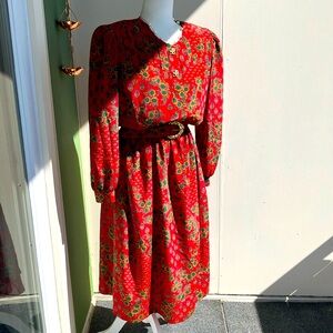 Vintage 80s Belted Red and Gold Secretary Dress